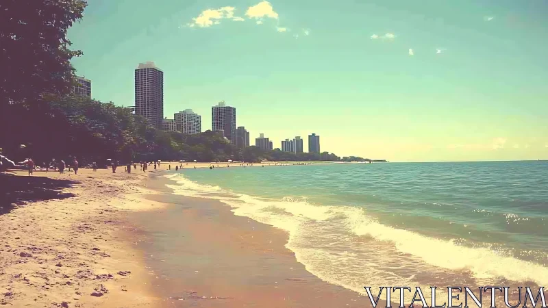 Urban shoreline meets tranquil waves under hazy sunlight.