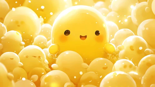 Glowing yellow blob characters smile in a dreamy light bath.