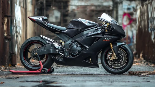 Street‑ready black sportbike resting in a quiet urban alley.