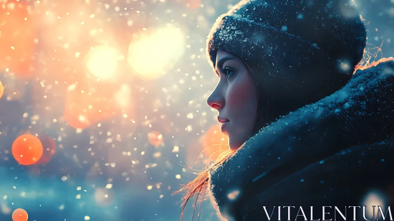 Snowlit daydreamer wrapped in neon dusk snowfall hush.