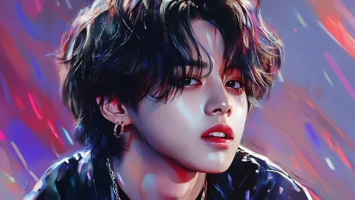 Vibrant digital portrait of stylish youth in neon light.