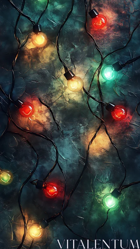 Glowing festive string lights on textured teal backdrop.