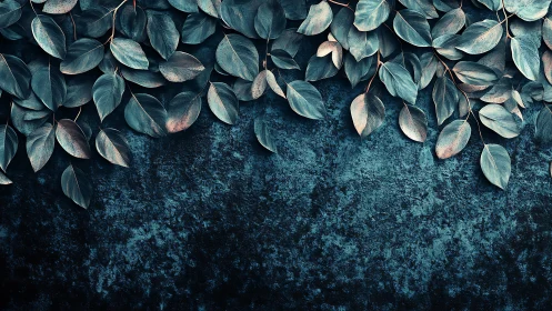 Teal botanical foliage border over textured dark surface.