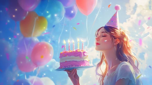 Animated Female Figure with Birthday Cake and Balloons.
