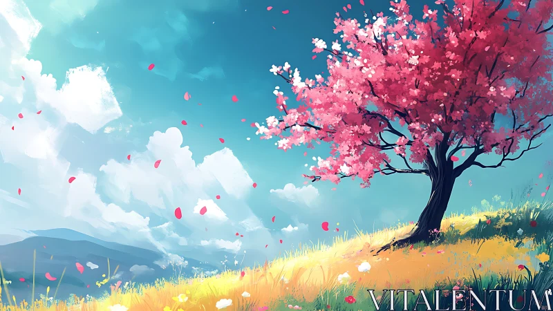 Cherry blossom tree on sunny hillside under vivid sky.