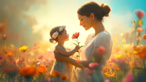 Woman and child in sunlit flower field with flowers.