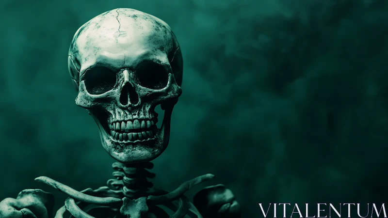 Grinning teal skeleton studies the darkness with hollow calm