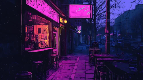 Neon lit street café terrace contrasts warm window glow at night