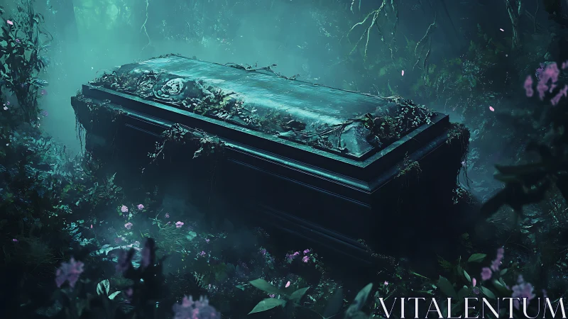 Digital painting of overgrown stone sarcophagus in misted forest.