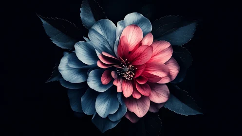 Stylized flower with blue and pink petals against dark background.
