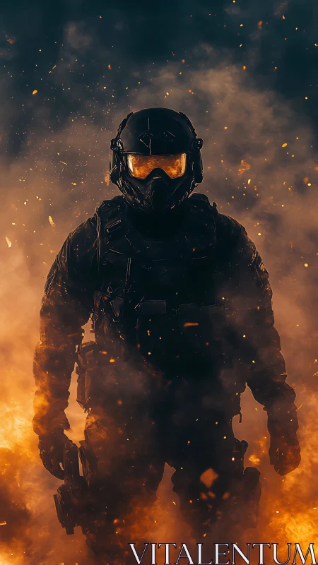 Armored tactical operator emerging through incendiary haze.