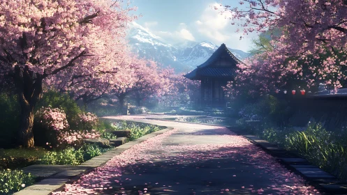 3D sakura garden path with temple and alpine backdrop.
