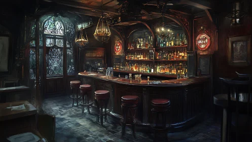 Victorian-style whiskey bar interior with moody cinematic lighting