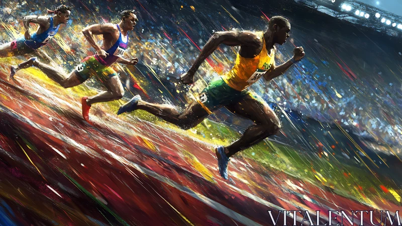 Sprinters accelerate through saturated stadium motion field.