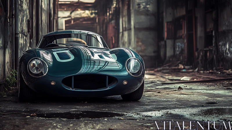 Vintage racing coupe parked in abandoned industrial site.
