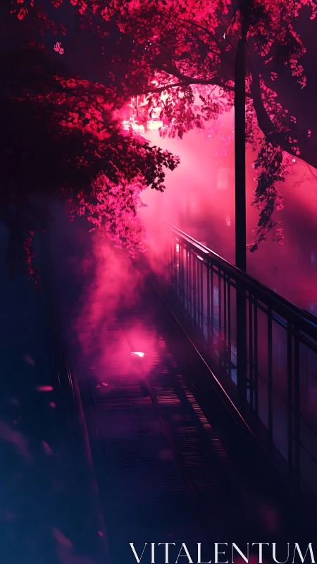 Neon fog drifting through crimson-lit city walkway.