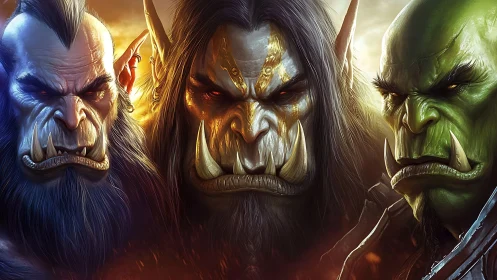 Tribal orc warlords in dramatic triadic character portrait.