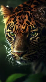 Close frontal rendering shows leopard head in shaded foliage