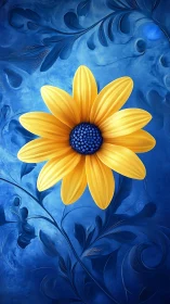 Sunny yellow blossom glowing against dreamy blue swirls.