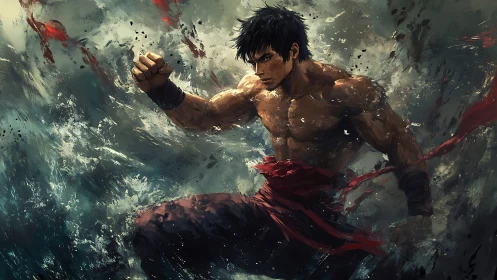 Warrior launches explosive punch through swirling chaos