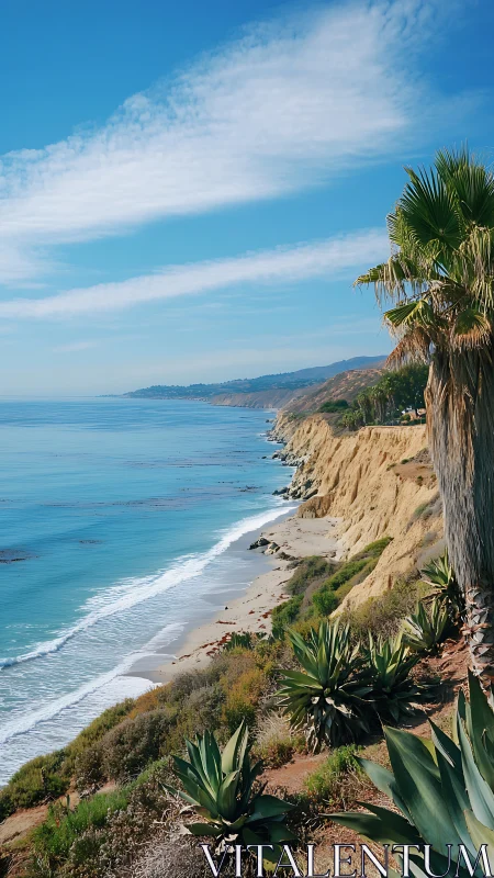 Sunlit coastal bluff with turquoise surf and desert flora.