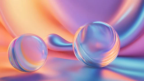 3D iridescent spheres on fluid gradient draped surface composition.