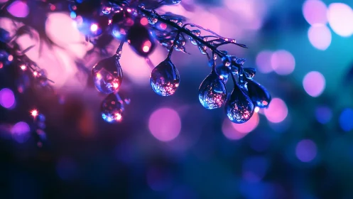 Iridescent droplets on branch in neon bokeh environment.