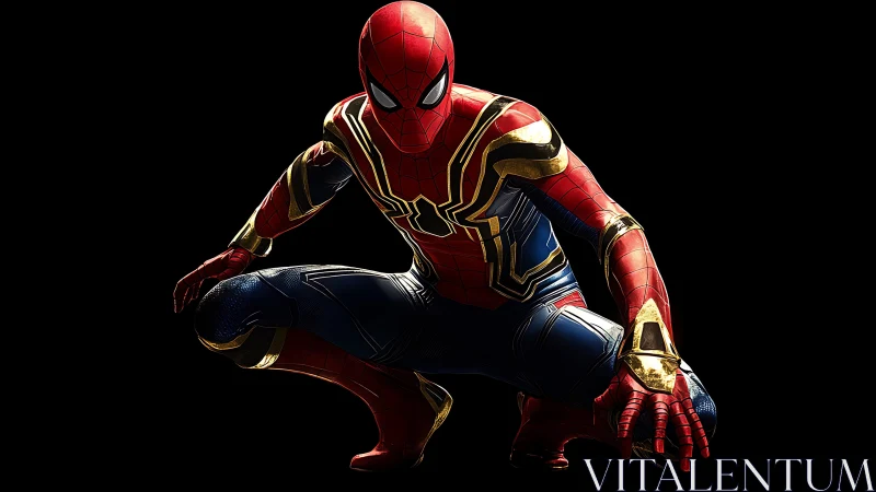 Spider-themed hero crouching in metallic red and gold suit.