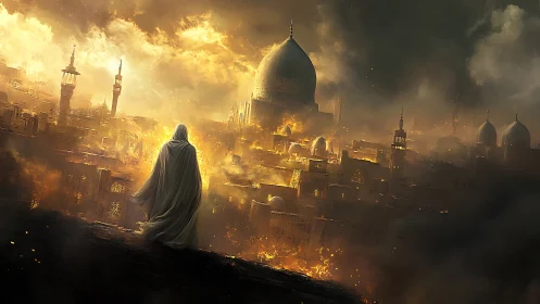 Cloaked figure surveys domed city engulfed in structurally layered flames