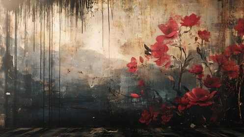 Digital painting wall mural with distressed red floral motif.