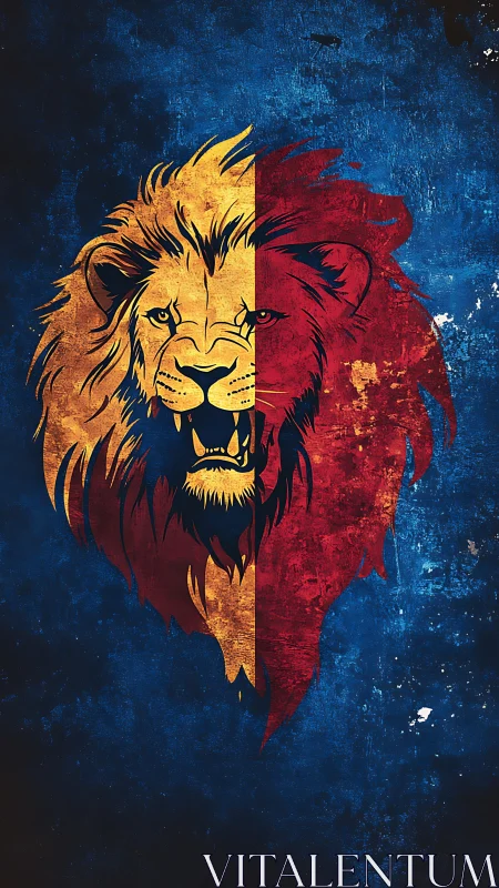 Split-color lion crest against distressed blue texture.