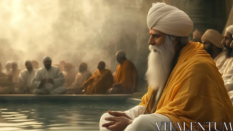 Photorealistic spiritual gathering with meditative elder focus.