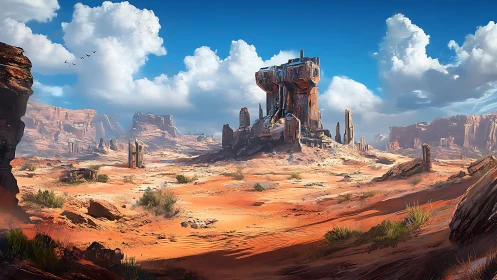 Desert landscape shows central monolithic sci fi structure