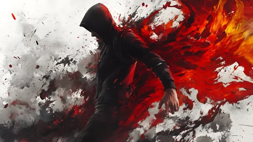 Hooded figure dissolves into dynamic red fluid explosion flow
