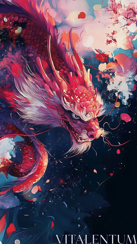 Crimson celestial dragon swirling through cosmic tides.