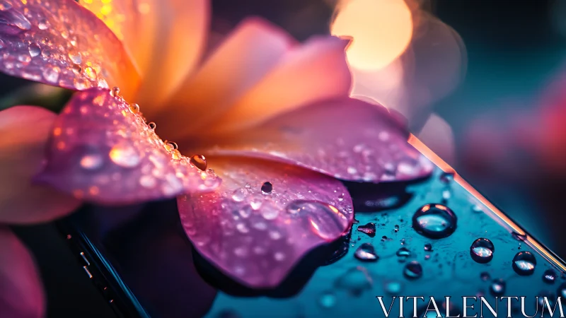 Macro Flower with Dew Drops in Vibrant Neon Light