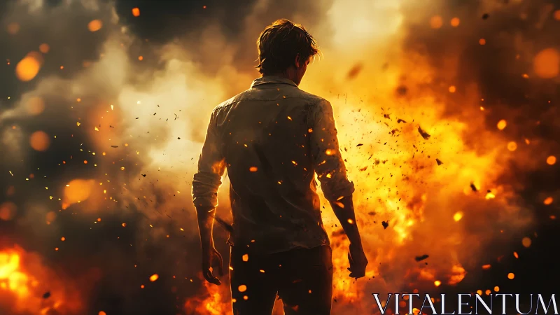 Lone Figure Stands Amidst Fiery Explosion and Flames.