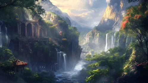 Ancient temple overlooks a misty, waterfall-filled valley.