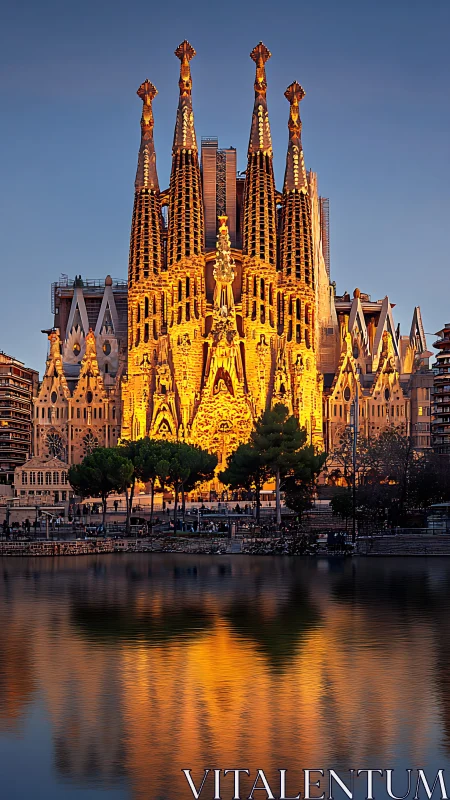 Illuminated basilica façade with towers reflected in water.