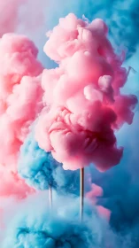 Pink and blue cotton candy sticks in colored vapor field.