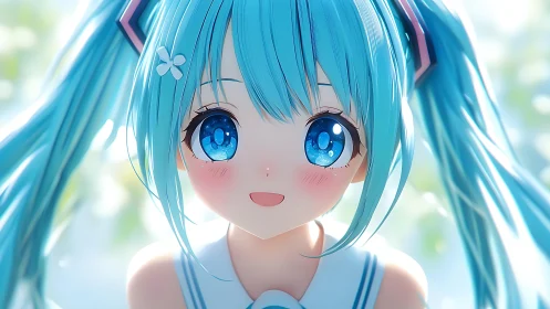 Bright eyed blue haired anime girl smiles in gentle sunlight