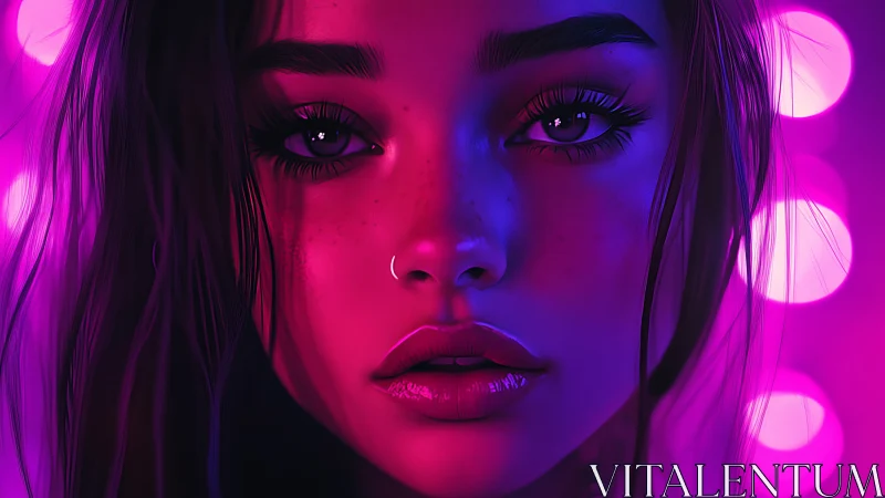 Neon-lit digital portrait of young woman in pink glow.