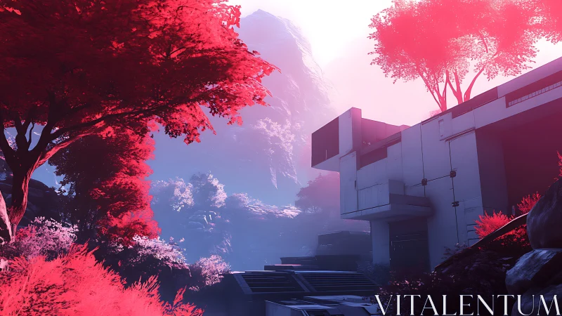 Neon magenta forest envelops a minimalist sci-fi concrete villa