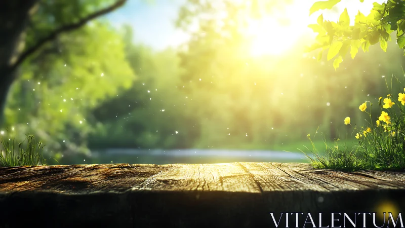 Sunlit wooden stage welcomes a sparkling summer morning hush