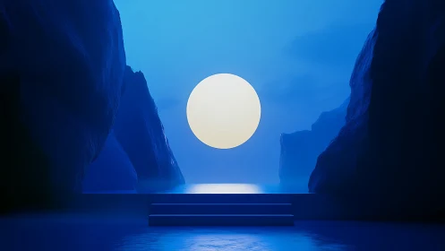 Minimalist lunar portal floats over stepped coastal altar