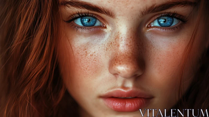 Close-up portrait of freckled face with bright blue eyes.