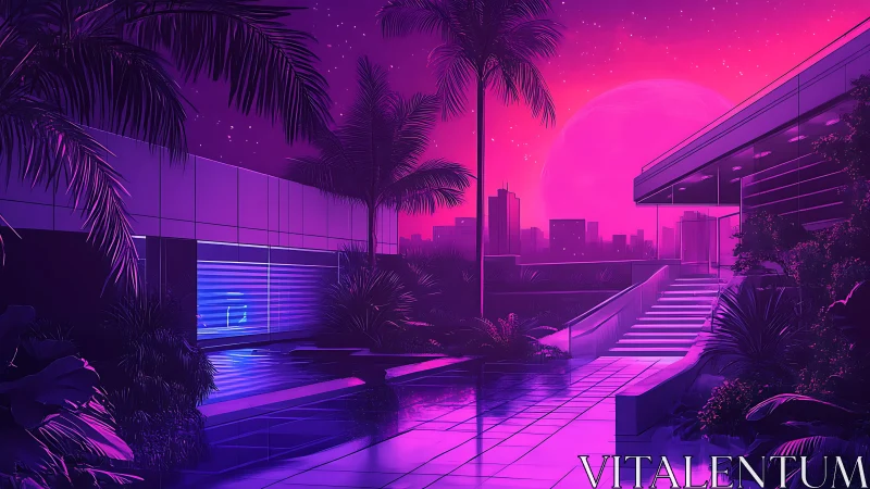 Neon rooftop oasis under magenta sci fi skyline night