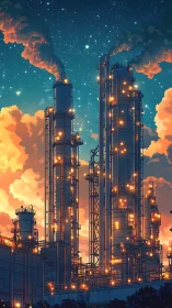 Luminous refinery towers glow against a starlit twilight sky