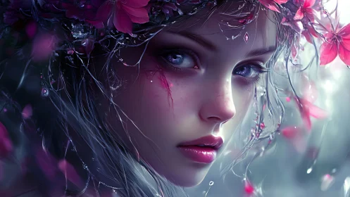 Ethereal floral portrait renders luminous fae character in profile