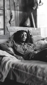Relaxed man reclining on worn bed in rustic wooden room.